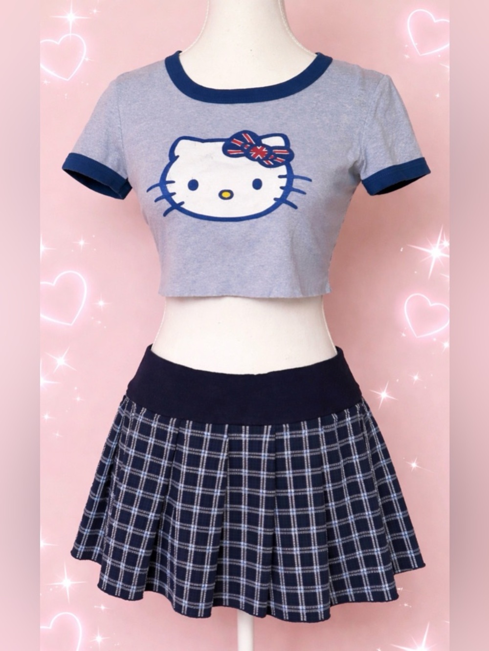 Vintage Y2K‎ Hello Kitty Crop Top & Plaid Mini Skirt Set Baby Tee Club Party S/M